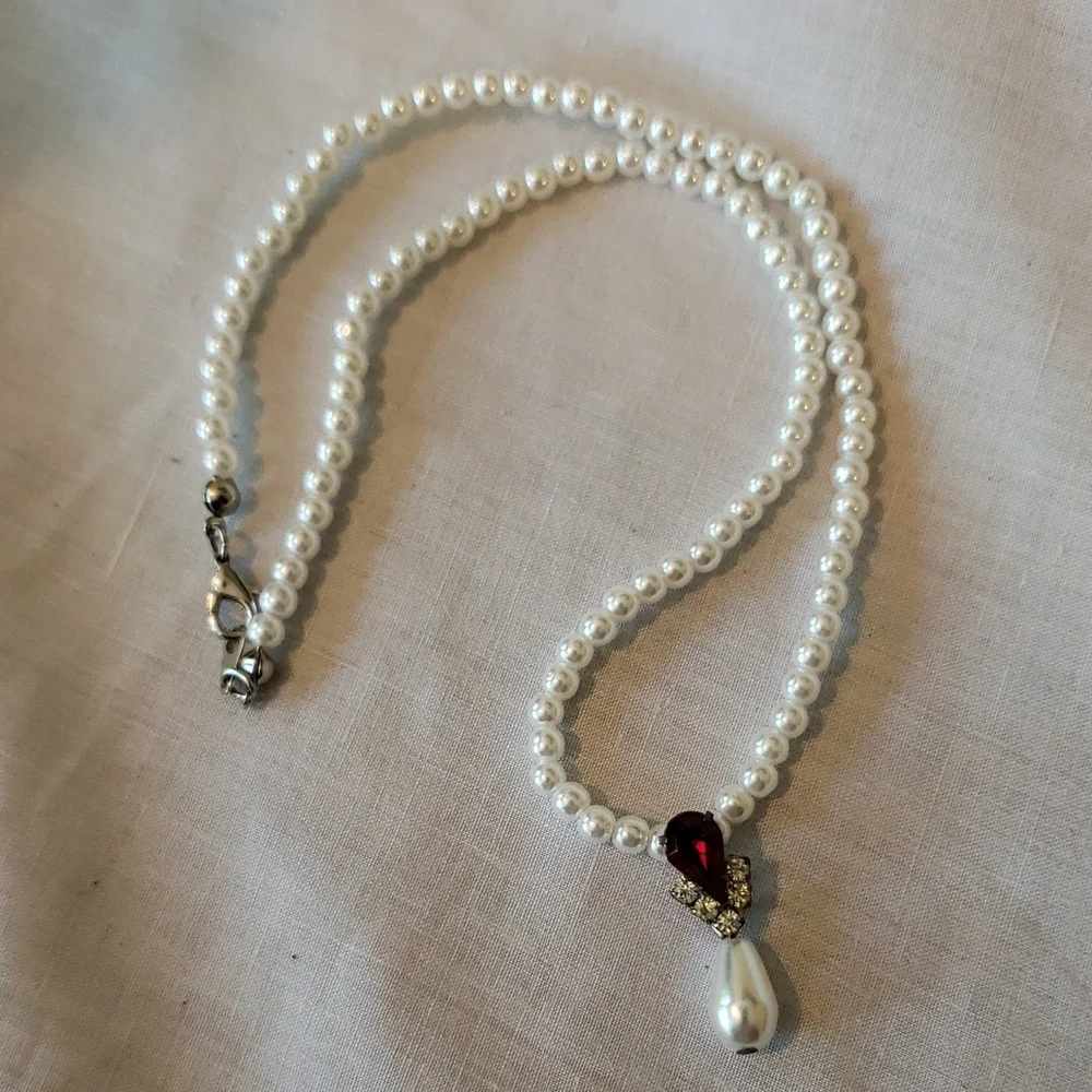 Faux Pearl & Red Gem Jewelry Set- 15.5
